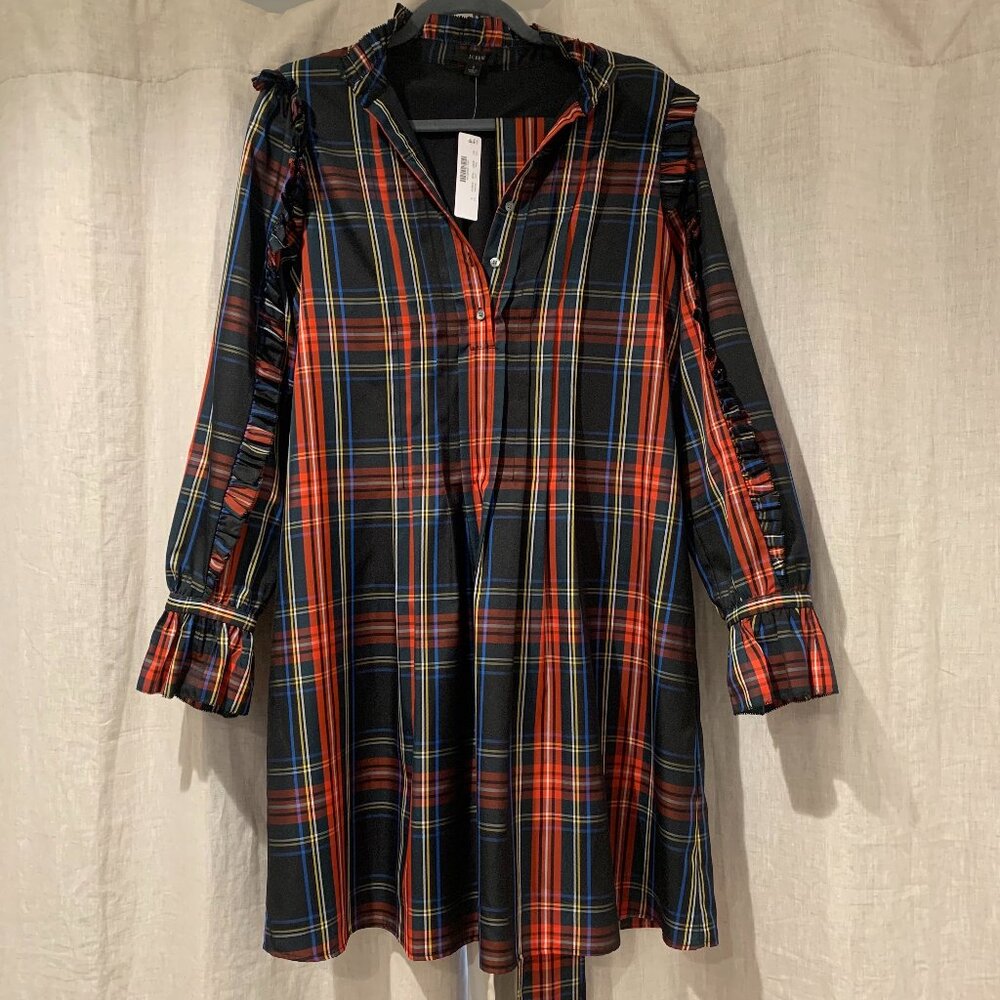 NWT J. Crew Belted ruffle dress in black Stewart tartan, size Small